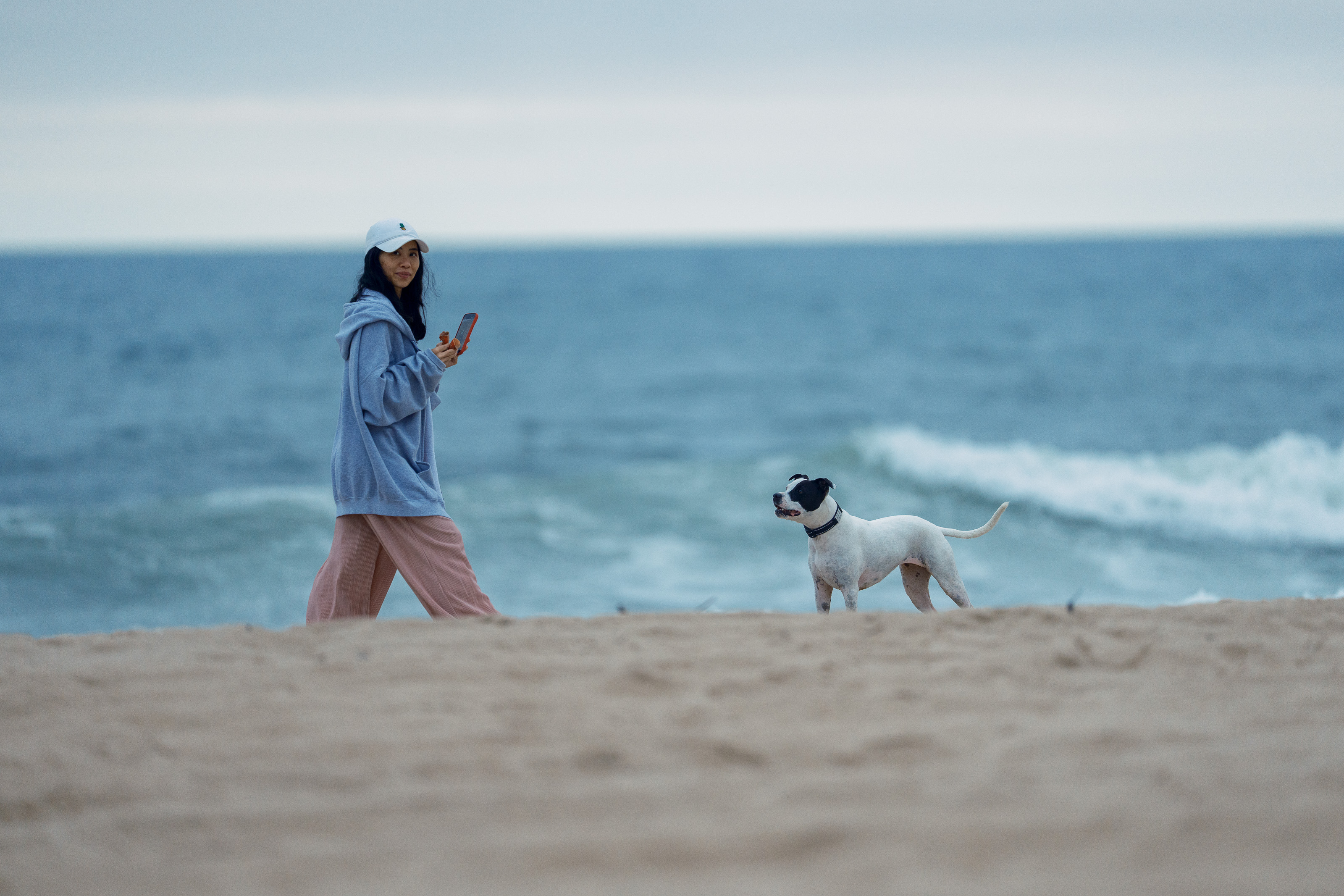 Kota and friend walking the East Hampton dunes with ocean waves